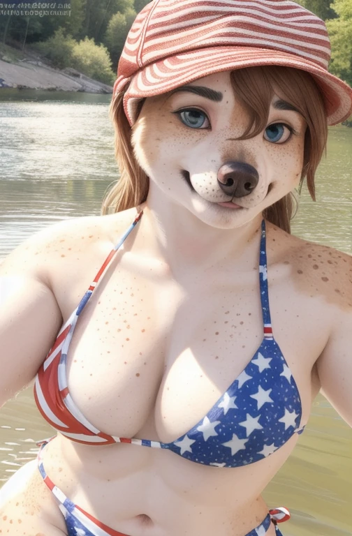 smiling woman in a bikini and hat in a river, 4th of july, fourth of july, close up half body shot, patriotic!, wet swimsuit, wearing a bikini, in water up to her shoulders, in lake, in bikini, is wearing a swimsuit, in a bikini, in the water, sweaty skin!!, stars and stripes, upper body close up, ((walking on all four paws)), ((long fluffy dog tail)), ((wider hips)), ((woman reposition herself into dog stand)), ((hands turns into paws)), ((feet turns into paws)), ((woman with freckles)), (topless), brown freckles, freckled pale skin, (cute freckles), (small freckles), freckled, freckles!!!, (freckles), elegant freckles, (brown freckles), (with freckles), freckles on chicks, (dark noticeable freckles), (freckled face), (very brown freckles), rosy cheeks with freckles, (a lot of freckles), Lentigines, (breasts showing), 30 year old woman, ((freckled nose)), ((freckled chest)), hard  showing, ((dog ears)) , (dog fur growing) , ((long dog nose)), blue eyes, ((bigger )), ((body reshapes into dog body)), ((anthro dog)), a brown and white dog standing next to a park bench, a character portrait, by Cynthia Sheppard, polycount contest winner, furry art, long hair blue centred, she is dancing. realistic, husky dog, [ [ hyperrealistic ] ]