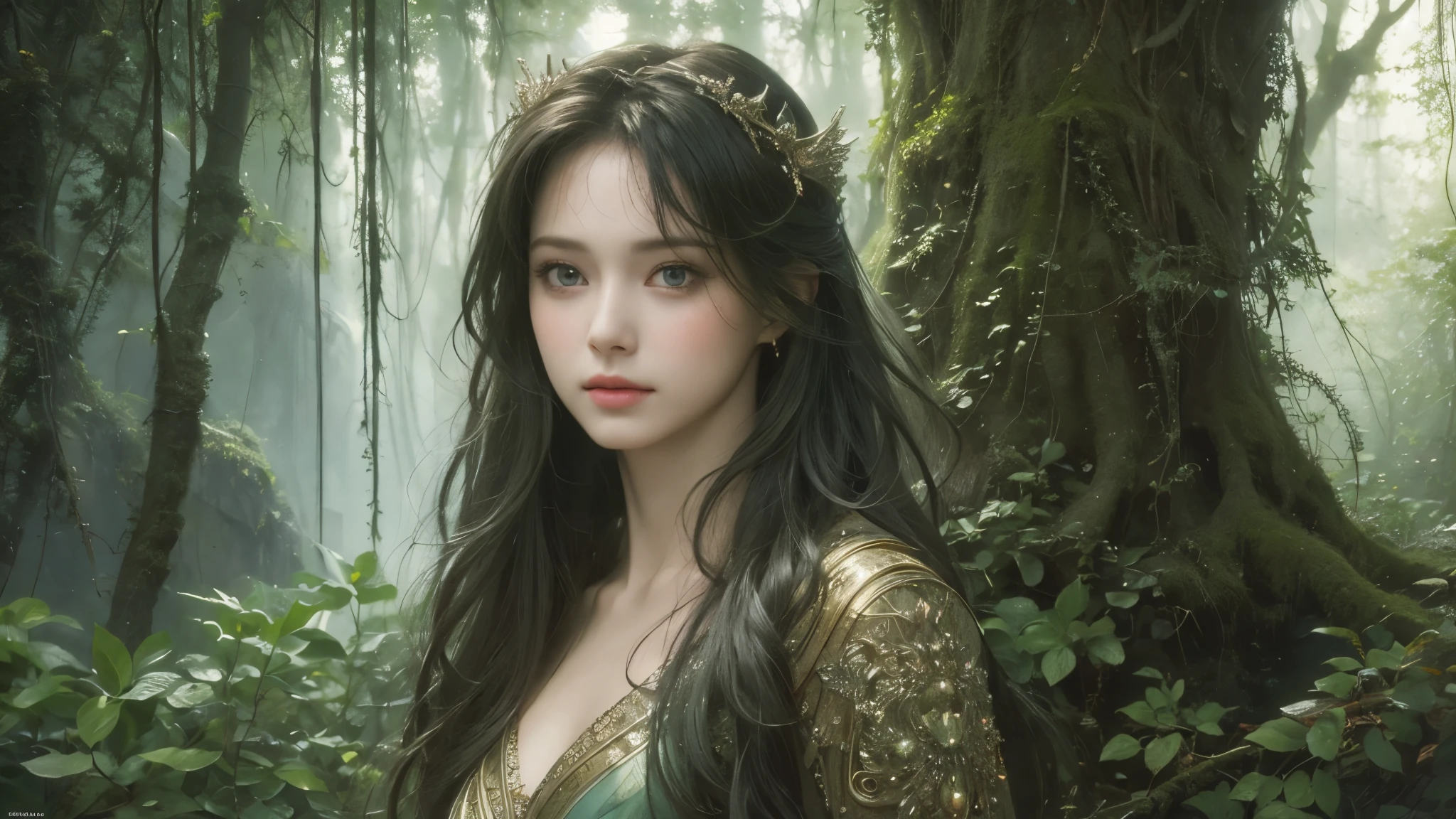 A beautiful masterpiece by Luis Royo, a realistic and top quality depiction of a beautiful girl with shiny, natural skin. This surreal portrait captures the essence of youth and beauty, with intricate details. Beautiful green forest and waterfalls.
