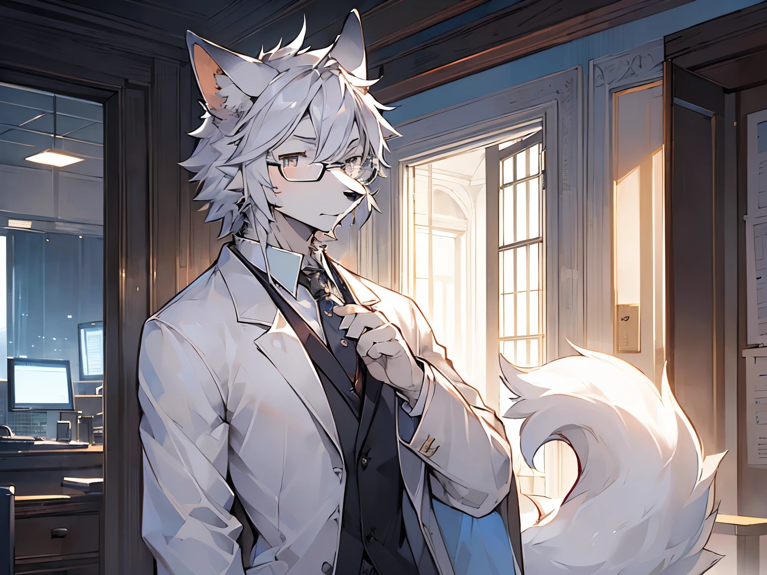 ((best quality)), ((masterpiece)), (detailed), male焦点,male,Perfect face,solo,kemono,night,office,white fur,Lab Coat,Sunlight,research institute,Silver-framed glasses,anthro white wolf.slender frame,sliver eyes,indoor,