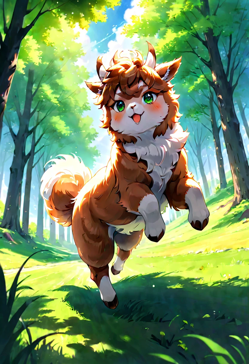 An Alpaca, aesthetic, (best quality,4k,8k,highres,masterpiece:1.2),ultra-detailed,realistic,alpaca,random actions,curious,playful,expressive,fluffy fur,cute eyes,nose twitching,ears perked up,jumping,jogging,rolling on the grass,standing on hind legs,exploring the surroundings,interacting with objects,friendly disposition,beautiful sunny day,green grass,blue sky,shadows and highlights,soft sunlight filtering through the trees,floating clouds,joyful atmosphere.