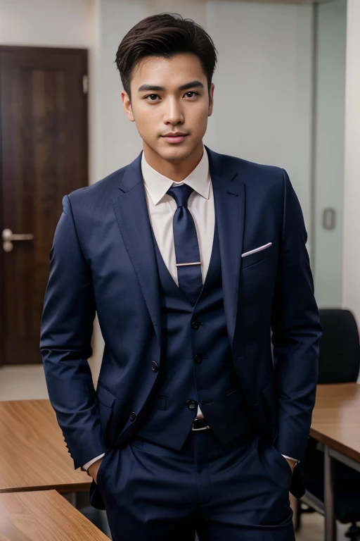 Fresh and handsome 30-year-old new employee、　（Super handsome guy in S-class suit）、　Japanese 30-year-old man、　merchant、　ultra luxury suit、　striped suit、　office、　Stand up in a suitＳYoung handsome man、　Full body image、　（CG Unity 8K high-detail photos）、　（Very detailedＳHandsome guy in class）、　（Photo real）、　　（（Top quality））、　Ultra Detailed、　（masterpiece）、　Ultra-high quality、　High、　Viewer、　gentleman、　very beautiful hair、　bright photos、　As handsome as a model、　As handsome as an idol、　luxury watch,