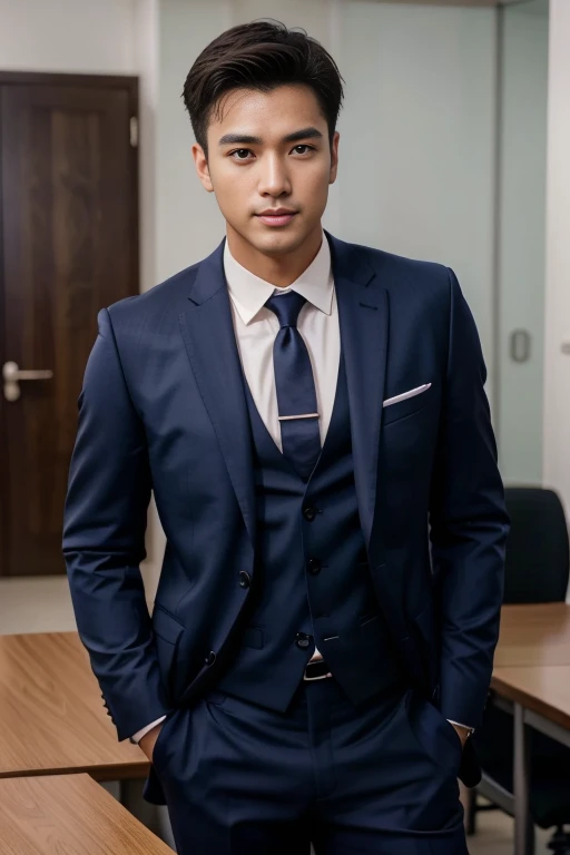 Fresh and handsome 30-year-old new employee、　（Super handsome guy in S-class suit）、　Japanese 30-year-old man、　merchant、　ultra luxury suit、　striped suit、　office、　Stand up in a suitＳYoung handsome man、　Full body image、　（CG Unity 8K high-detail photos）、　（Very detailedＳHandsome guy in class）、　（Photo real）、　　（（Top quality））、　Ultra Detailed、　（masterpiece）、　Ultra-high quality、　High、　Viewer、　gentleman、　very beautiful hair、　bright photos、　As handsome as a model、　As handsome as an idol、　luxury watch,