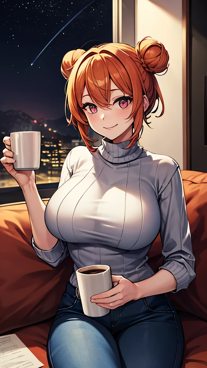 (masterpiece), best quality, expressive eyes, perfect face, 1girl, solo, tomboy, mature female, big breasts, short hair, , orange hair BREAK hair buns, double buns, pink eyes BREAK orange sweater BREAK blue pants BREAK hot coffee, cup,  indoors, sitting on coach, window, night sky, snow, looking at viewer, smile, closed mouth 