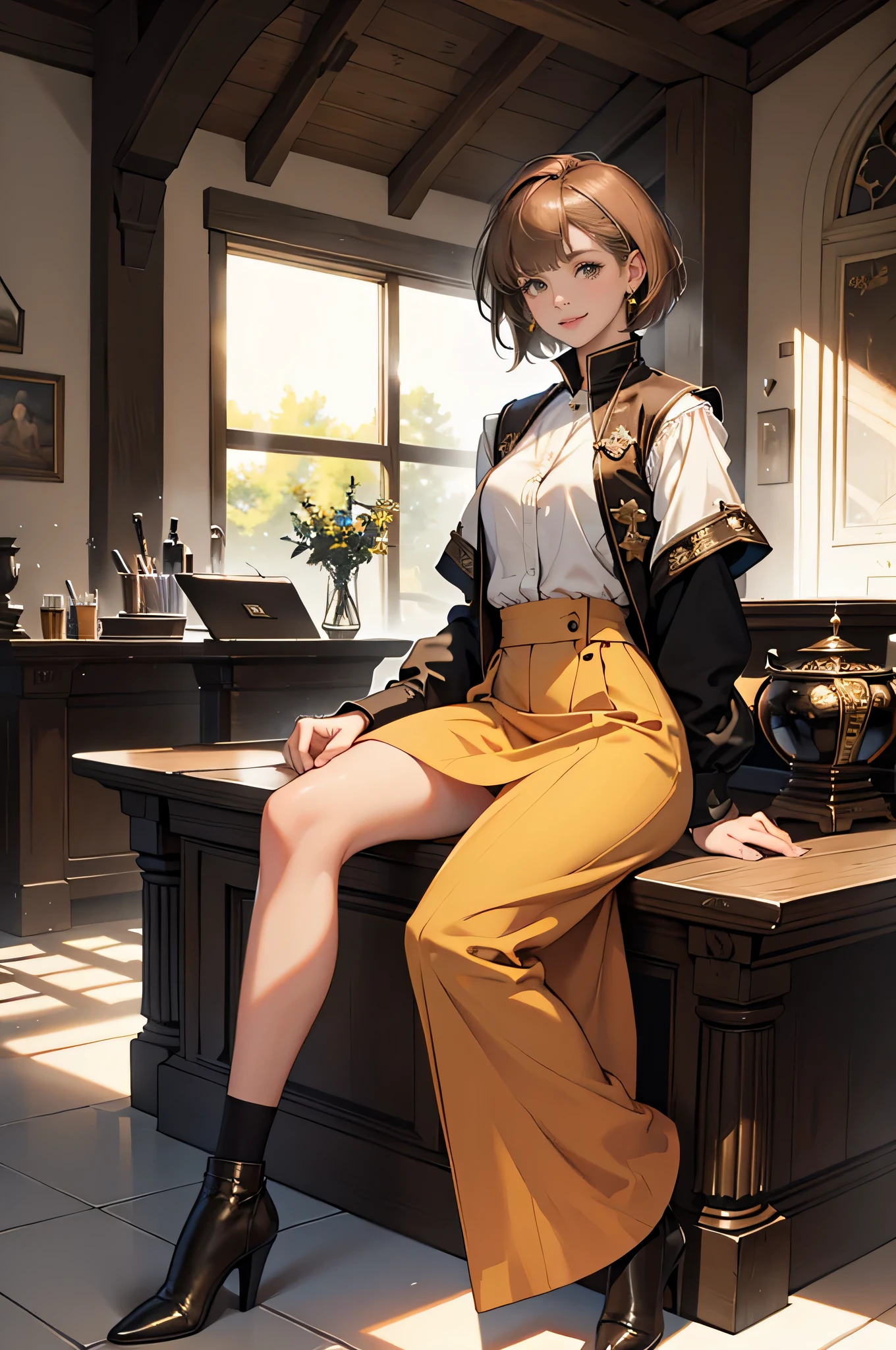 masterpiece, ultra detailed, 8K Portrait, Raw photo, portrait photography, full body, Highly detailed face, ((Fantasy)), Young beautiful, 27 years old, smile, ((((receptionist))), sitting on wood chair, (((light brown short bobbed hair))) Fluttering in the wind, blunt bangs, ocher colored long puffy sleeve clothes, yellow waistcoat, maxi skirt, ((holding a note book)), Morning Sun, hyper realistic, Body model, Small breasts, Beautiful breasts, Long legs, in the medieval adventurer's guild, Ambient lighting, Shadow details , Camera focus on face, strong breeze, Light fog