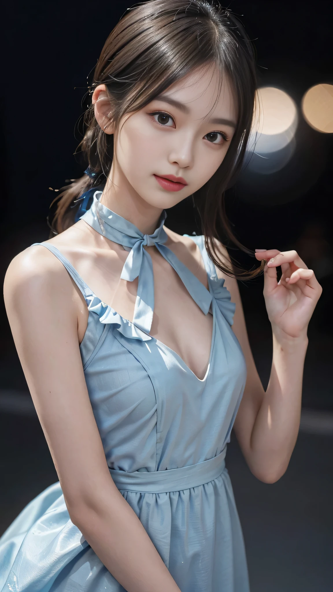 Close up face,standing on stage,Blue colored long dress with lots of ruffles,One woman,masutepiece, The highest image quality, High quality, the background is clear,Beautiful woman, Japanese, Detailed, Detailed eyes, Detailed skin, Beautiful skin, 超hight resolution, (reality: 1.4),Very beautiful woman, Slightly younger face, Beautiful skin, slender, (Ultra photo realsisim), (hight resolution), (8K), (Very detailed) (beautifully detailed eyes), (super detailed), (Detailed face), view the viewer, Fine details, Detailed face, Staring straight ahead, Staring straight ahead, photos realistic, Bright lighting, Professional Lighting, Black hair,poneyTail,a baby face,fifteen years old,Hairstyle is ponytail,long ponytail hairstyle,slight smile,neat and tidy clothing,Beautiful Japanese KPOP idol photo, hair style is ponytail, my eyes are double and wide, baby face, smile and look straight ahead, slender, small breasts,Blue ribbon on head,Close up face,