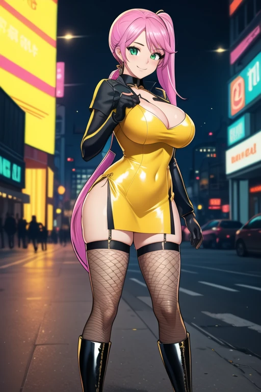 1 girl, 19 years old, Long pink hair, green eyes with slit pupils, master-piece, best quality, (standing up), (hair in a ponytail), (yellow tight dress), (yellow short fishnet dress, black gloves, patent leather high heel boots, cleavage),  (Big , ultra gigantic , Super super big, Glamorous body), Make eye contact with the camera, front figure, looking forward, (light_Smile:1.5), (Detailed hands and fingers:1.2) (Cyberpunk City), (FULL BODYSHOT), thighs thighs thighs thighs、beauty legs、Bare legs