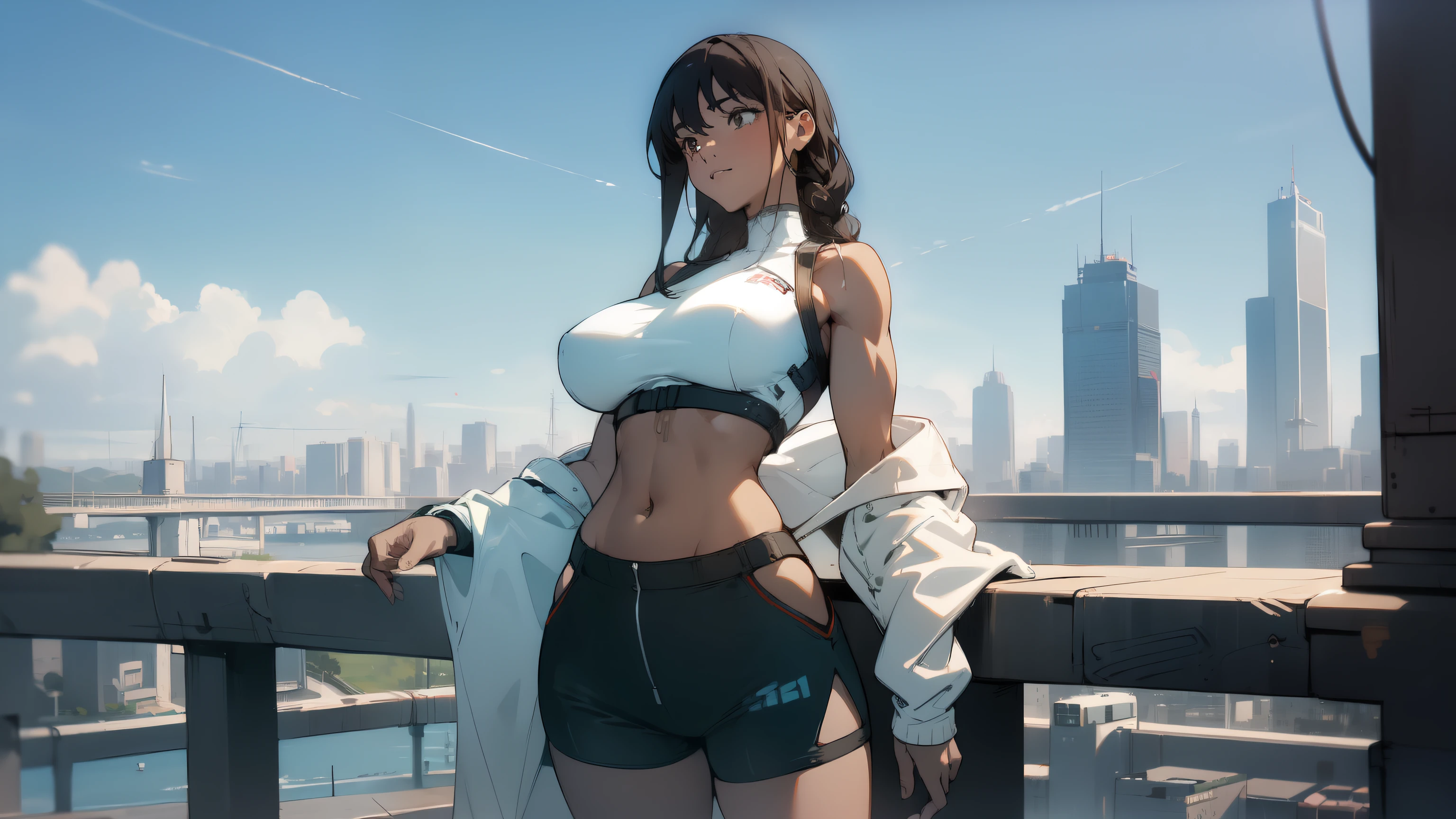 ((((masterpiece, Best Quality, Ultra-high resolution)))),She has a beautiful curvaceous and muscular figure.,(she has big breasts),(((Brown Skin))),Long black hair,She's wearing a crop top and lowrider shorts,blue sky,((A detailed modern cityscape))