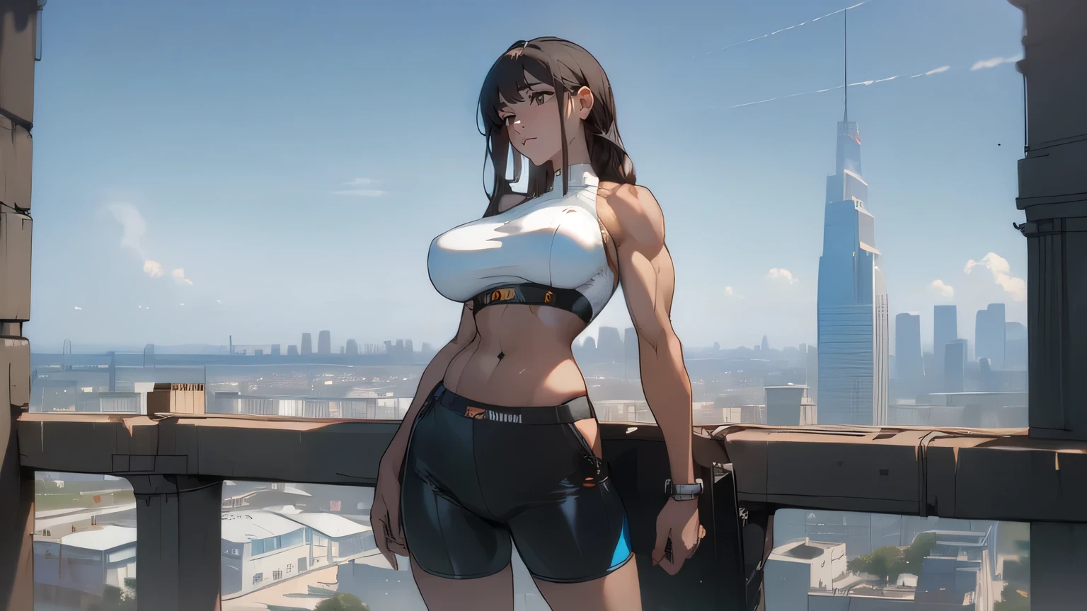 ((((masterpiece, Best Quality, Ultra-high resolution)))),She has a beautiful curvaceous and muscular figure.,(she has big breasts),(((Brown Skin))),Long black hair,She's wearing a crop top and lowrider shorts,blue sky,((A detailed modern cityscape))