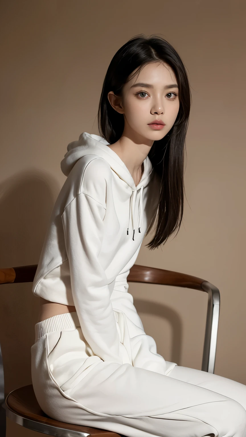 (Photorealistic),(Masterpiece),(ultra-detailed),a very close shot of very beautiful and tall but so delicate and weak and thin and fragile and slender because she hasn’t eaten for a month,wearing a loose crop hoodie and loose sweat pants ,have absolutely no fat or muscles, quite tall but very small and feeble and fragile body frame and figure,enduring extreme hunger,big eyes and very small face,about to faint but resisting,extremely severely malnourished,trying to stay positive,legs and waist thin as arms,hunger in eyes, sitting on a chair,can see all her bones