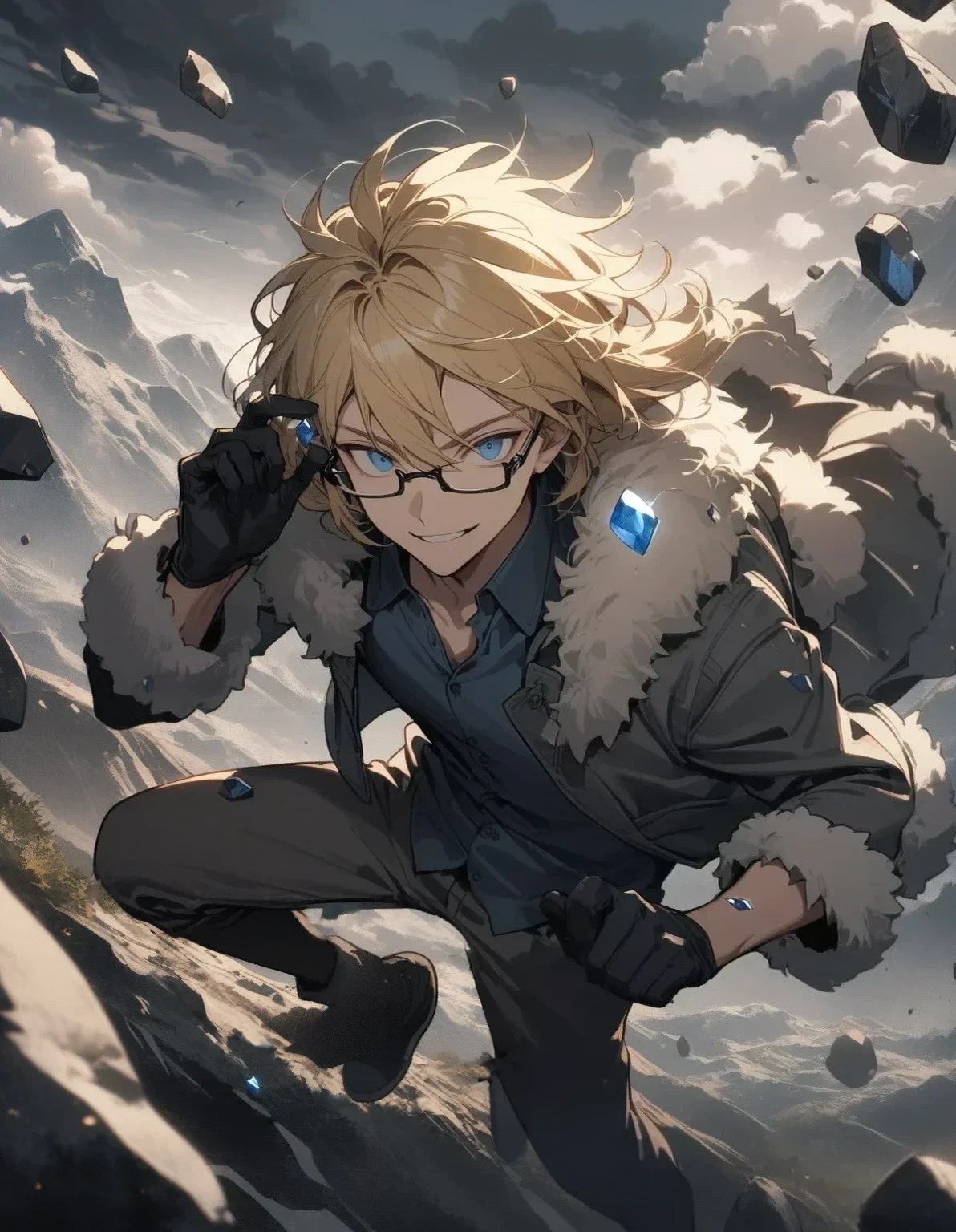 1 guy, looks at the viewer, blue eyes, blond hair, short disheveled hair, wears glasses, wears a black unbuttoned jacket, fur jacket, black gloves, outside on the mountain, cloudy, clouds, black clouds, stones flying around, earth, diamond stones, the earth is cracking, action, smile, Inspired, gentle tones