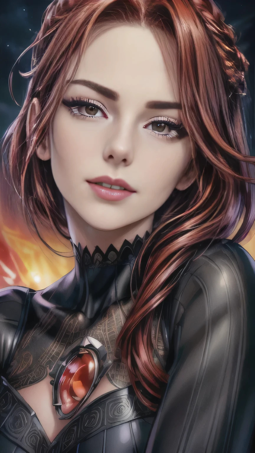 face close up, portrait shot, ((vivid red hair)), mature woman, 30 years old, diamond face, moonlight, red starry sky background, depth of field, magic, big red lips, ((dark and red black eyes)) black and red long and full dress, covered chest, mystical atmosphere, ominous shadows, Intense blue aura, Intense red aura (best quality:1.2), absurdres, intricate details, (highly detailed skin:1.2), smile expression, posing, taut and well defined body, attractive. Highly realistic, pale skin, beautiful, hyperrealism, skin very elaborated, direct gaze, (RAW, analogue, Nikon Z 14mm ultra-wide angle lens, award-winning glamour photograph, ((best quality)), ((masterpiece)), ((realistic)), skin pores, subsurface scattering, high-res, detailed facial features, high detail, sharp focus, smooth, aesthetic, extremely detailed, (extremely detailed eyes, extremely detailed iris), extremely detailed hair, extremely detailed skin, extremely detailed clothes, octane render, photorealistic, realistic, post-processing, max detail, realistic shadows, roughness, natural skin texture, real life, ultra-realistic, photorealism, photography, 8k UHD, photography, hdr, intricate, elegant, highly detailed, sharp focus, stunning, beautiful, gorgeous), realistic, masterpiece, highest quality, movie still, cloud girl, floating in the sky, (close-up:1.1), medium breast, bright, happy, fun, soft lighting,