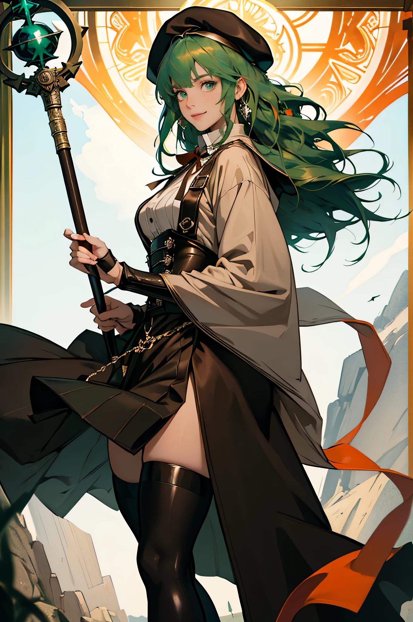 masterpiece, ultra detailed, 8K Portrait, Raw photo, a portrait photo of, Highly detailed face, beautiful and meticulous eyes, ((Fantasy)), Young beautiful, 22 years old, smile, dynamic pose, (((Long Straight deep green hair))), ((One side is woven with orange ribbon)), blunt bangs, beret, White skin color, Luxury, hooded (((dark brown))) (((silk long cloak))) fluttering in the wind, (((dressed shirt))), (((maxi skirt))), leather corset, (((dark thigh high tights))), high cut leather boots, (((lift up long magical staff))), ((equip a pocket watch)), Body model, Small breasts, Beautiful breasts, Long legs, Midday Sun, Hyper realistic, in a castle, Ambient lighting, Shadow details, strong breeze, Light fog