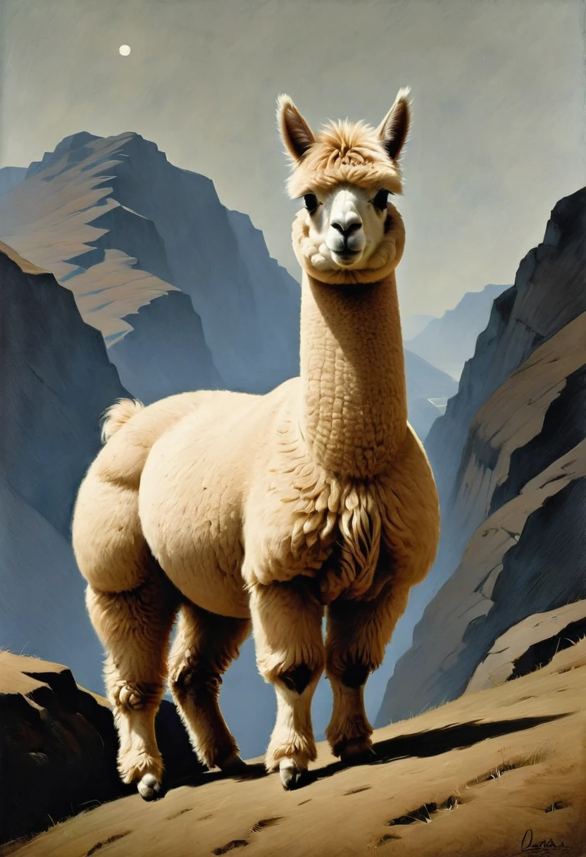 an Alpaca, by Leon Spilliaert, best quality, masterpiece, very aesthetic, perfect composition, intricate details, ultra-detailed