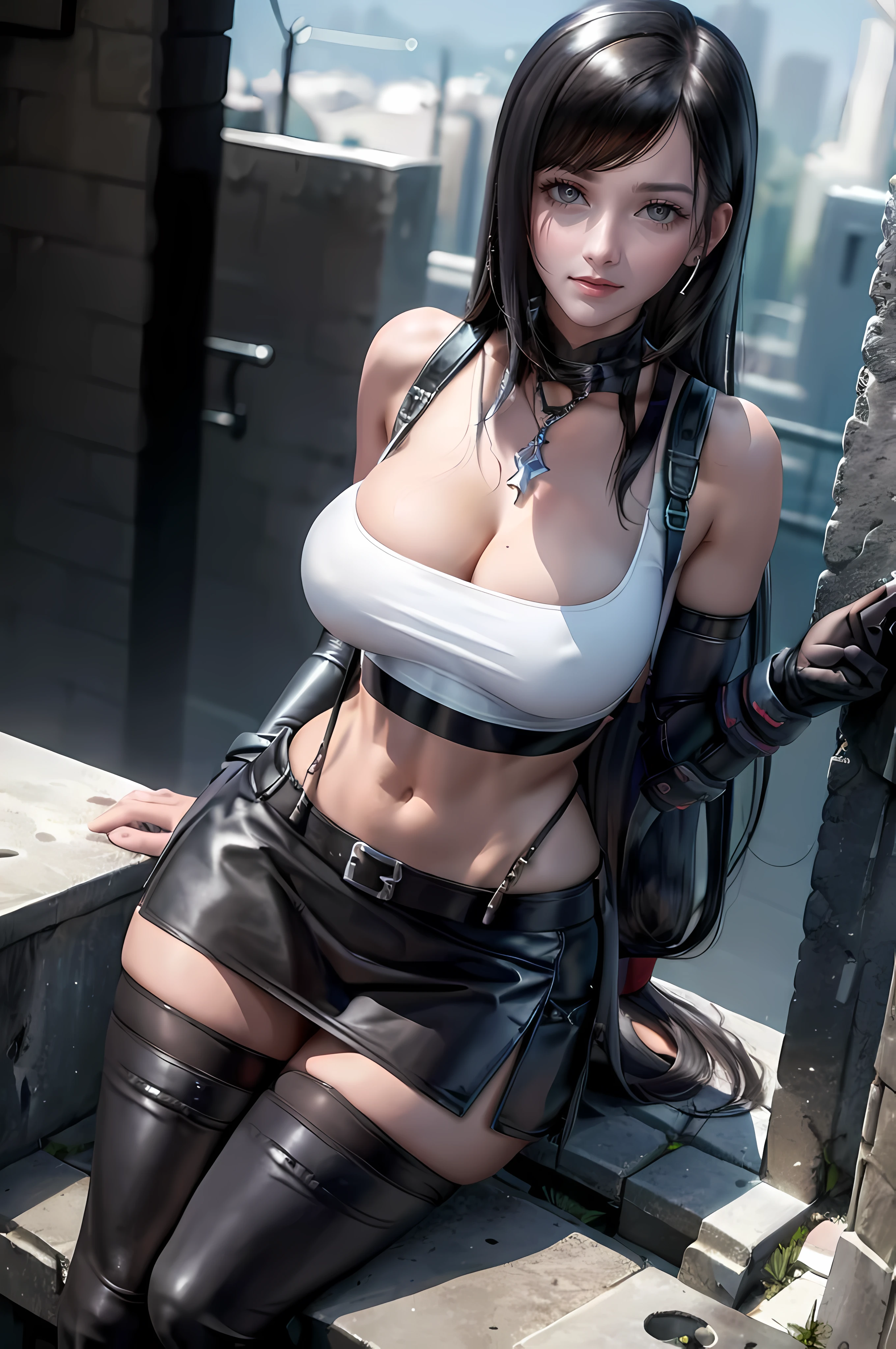 (8k, best quality, masterpiece:1.2), (realistic, photo-realistic:1.37), ultra-detailed, 1 girl,cute, solo, (tifa lockhart), (huge breasts:1.5) beautiful detailed eyes), (smile:1.2), (closed mouth), erotic pose, dancing, neon lights, cityscape, depth of field, dark intense shadows, sharp focus, cars, motion blur, motor bikes, depth of field, good composition, green glowing light, Final Fantasy VII, single elbow pad, ankle boots, black hair, black thighhighs, red boots, elbow gloves, elbow pads, fingerless gloves, taut shirt, sports bra, (suspender black skirt), thighhighs, white tank top, full body, lips, pretty face, very long hair, ((red_eyes)), yellow flowers, (night:1.3), intricate, bokeh, cinematic lighting, photon mapping, radiosity, physically-based rendering, (Tetsuya Nomura style), nsfw, perfect breasts