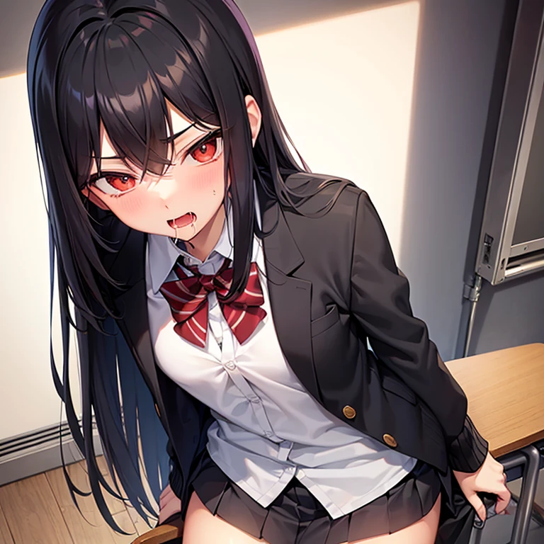 ((collar,leash attached to collar,tied up,bondage,scared expression,blush)),black hair,red eyes,(((naked))),ahg rolling eyes tongue,(((eager pet pose))),squating on dildo,object insertion,masturbation
(((from above)))