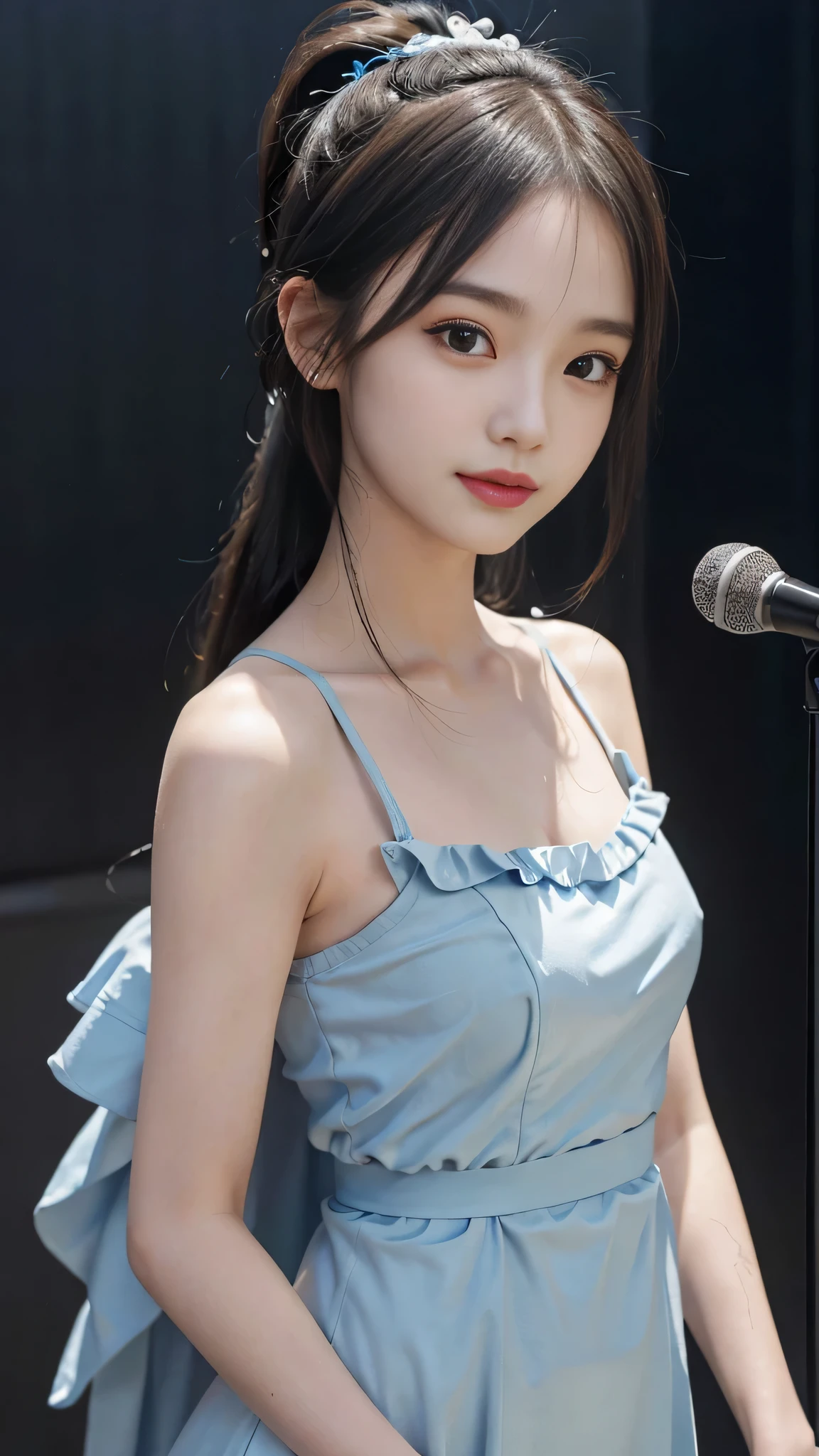 Close up face,standing on stage,Blue colored long dress with lots of ruffles,One woman,masutepiece, The highest image quality, High quality, the background is clear,Beautiful woman, Japanese, Detailed, Detailed eyes, Detailed skin, Beautiful skin, 超hight resolution, (reality: 1.4),Very beautiful woman, Slightly younger face, Beautiful skin, slender, (Ultra photo realsisim), (hight resolution), (8K), (Very detailed) (beautifully detailed eyes), (super detailed), (Detailed face), view the viewer, Fine details, Detailed face, Staring straight ahead, Staring straight ahead, photos realistic, Bright lighting, Professional Lighting, Black hair,poneyTail,a baby face,fifteen years old,Hairstyle is ponytail,long ponytail hairstyle,slight smile,neat and tidy clothing,Beautiful Japanese KPOP idol photo, hair style is ponytail, my eyes are double and wide, baby face, smile and look straight ahead, slender, small breasts,Blue ribbon on head,Close up face,