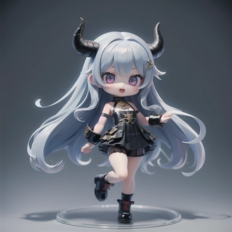(masterpiece, best quality:1.2), 1girl,devil girl ((masterpiece, highest quality, Highest image quality, High resolution, photorealistic, Raw photo, 8K)),(nendoroid figure),devil's horns, miniatures,illustration,tight tube top,black hot pants,silver hair,(pale blue skin),very happy,whole body,undressingdynamic pose,three-dimensional,octane rendering,Perfect face,Collagen texture((flowing hair))