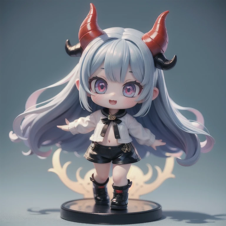 (masterpiece, best quality:1.2), 1girl,devil girl ((masterpiece, highest quality, Highest image quality, High resolution, photorealistic, Raw photo, 8K)),(nendoroid figure),devil's horns, miniatures,illustration,tight tube top,black hot pants,silver hair,(pale blue skin),very happy,whole body,undressingdynamic pose,three-dimensional,octane rendering,Perfect face,Collagen texture((flowing hair))