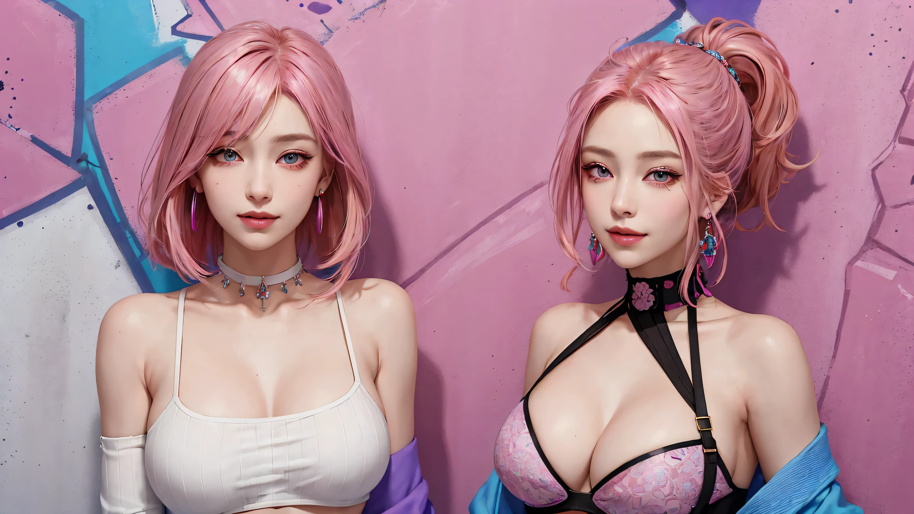 (masterpiece, best quality, 1girl, solo, intricate details, chromatic aberration), realistic, ((medium breath)),long hair, pink hair, red head ornament, pink highlights, hair over one eye,purple eyes, earrings, sharp eyes, choker, neon shirt, She wears a collar, bangles, and a kimono-style garter belt., crop top, (symmetry eyes),(perfect symmetrical body),against wall, brick wall, (colorful graffiti words on wall:1.2), dim lighting, alley ,look at viewer、dig breasts、smile、(No sleeve、Navel exposed、fitted turtleneck)、hot pants string street、thin butt、Please generate above the eaves.、thin shoulders、In underwear、