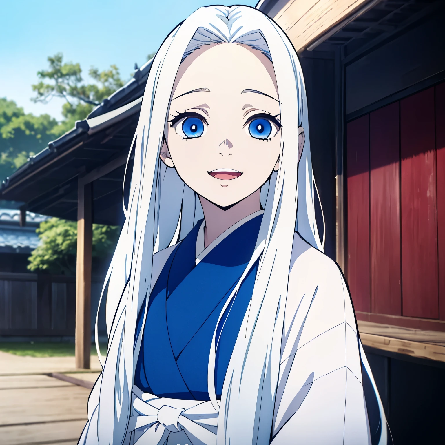 (1 girl, White long straight hair, blue eyes), kimono, white haori, white hair, smily eyes, room, face focus, (opened mouth), happy face,(half-up half-down hairstyle), japanese animation color style, vivid colors, from front, outdoor, day time, 15 years old girl