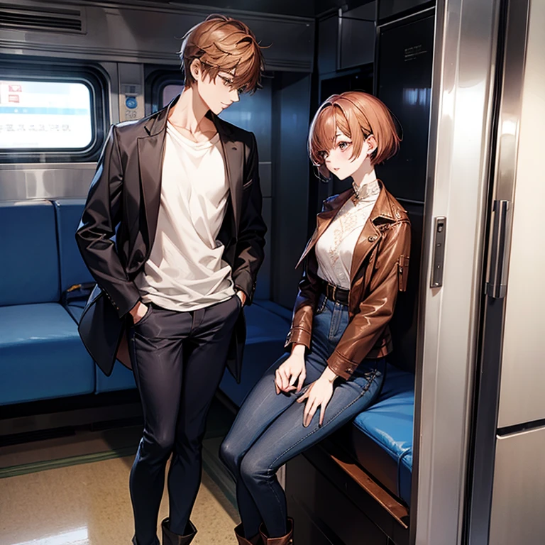 Masterpiece、Subtle details、korean women、One adult woman、Sophisticated、On a city train、Slender beauty、delicate、Model-like body、Korean Fashion、High-necked innerwear(Delicate embroidery)、leather jacket、Riders jacket、Low rise skinny pants、tall、Stylish、Small breasts、Korean Makeup、Sharp Eyes、Cool Beauty、older sister、Thin legs、Pixie Cut、The hair ends are trimmed、short nape、Hair with reduced volume、Thick-soled boots、Reddish brown hair、