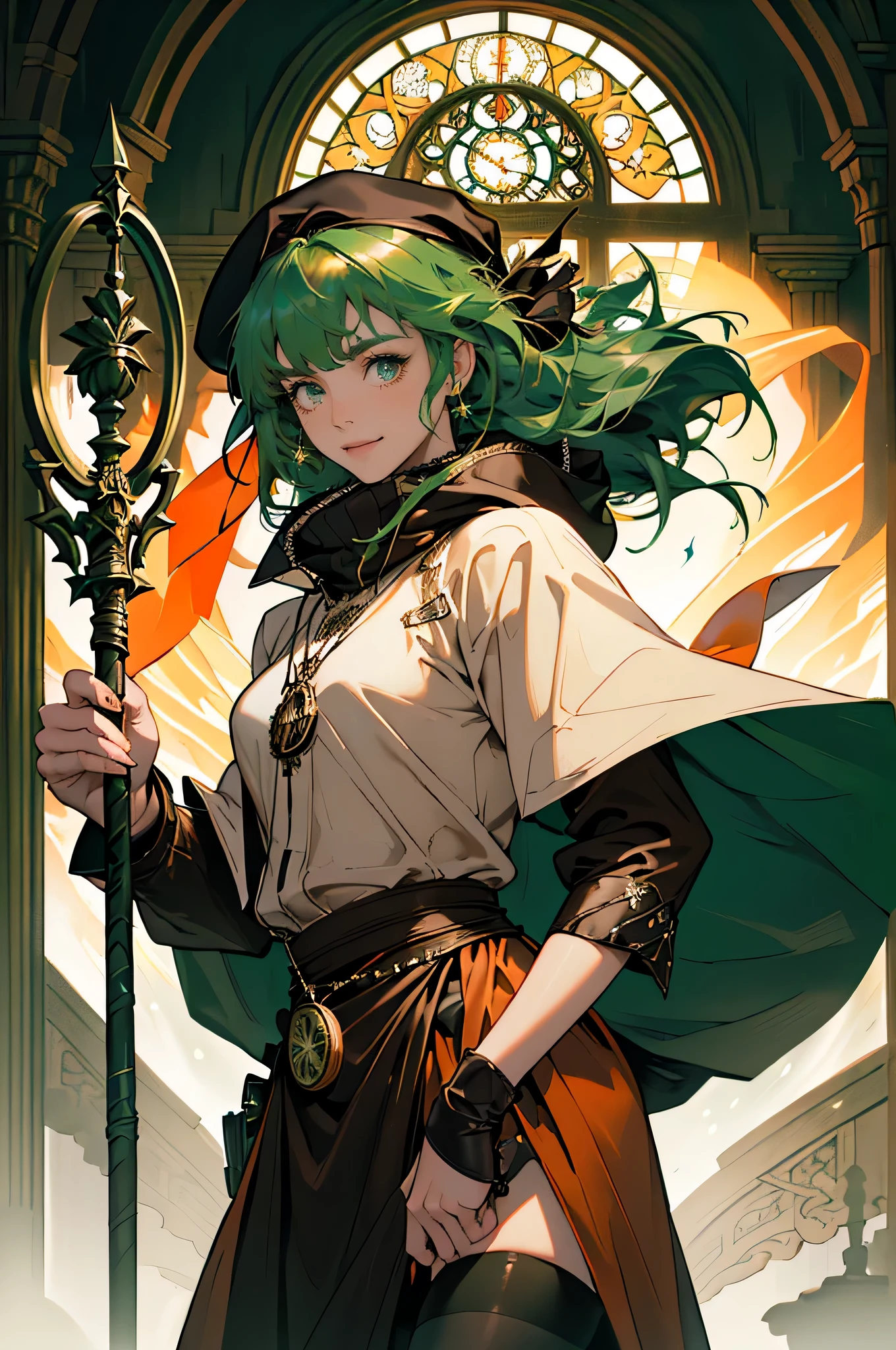 masterpiece, ultra detailed, 8K Portrait, Raw photo, a portrait photo of, Highly detailed face, beautiful and meticulous eyes, ((Fantasy)), Young beautiful, 22 years old, smile, dynamic pose, (((Long Straight deep green hair))), ((One side is woven with orange ribbon)), blunt bangs, beret, White skin color, Luxury, hooded (((dark brown))) (((silk long cloak))) fluttering in the wind, (((dressed shirt))), (((maxi skirt))), (((dark thigh high tights))), high cut leather boots, (((lift up long magical staff))), ((equip a pocket watch)), Body model, Small breasts, Beautiful breasts, Long legs, Midday Sun, Hyper realistic, in a castle, Ambient lighting, Shadow details, strong breeze, Light fog