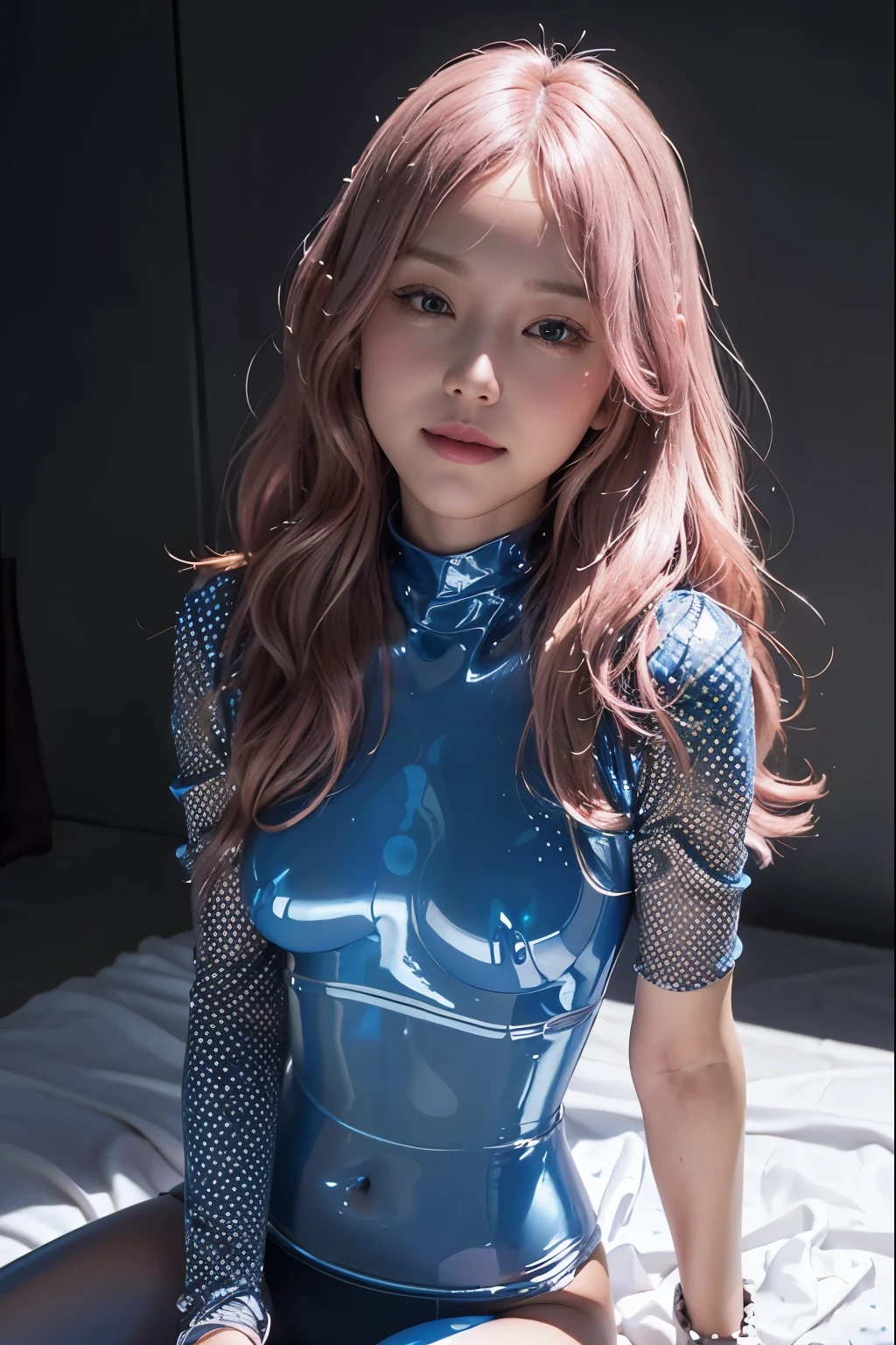 (8K, top-quality, masterpiece:1.2), (reallistic, Photorealsitic:1.37), Super Detail, One girl, (Highly detailed), (beautifully detailed eyes), (of the highest quality), (super detailed), (masterpiece), (Detailed face), 20yr old, 1 girl, ((pink hair,long hair)), medium breasts, clothed, Perfect Lighting, (white bodysuit:1.5), (very tight glossy suit:1.5), (glossy:1.5), (wet:1.5), (shiny leather:1.3), (turtleneck bodysuit:1.5), (leather pants:1.5), (tight and slim silhouette:1.4), (metal belt:1.2), (high heel boots:1.4), BRAKE (upper body to knee:1.2), (pink long hair on left side, right side behind ear:1.3), (smile:1.4), (right hand on waist:1.5), (night cyber city scenery, buildings and neon lights:1.3), silver light from left side, dark on right side, rain