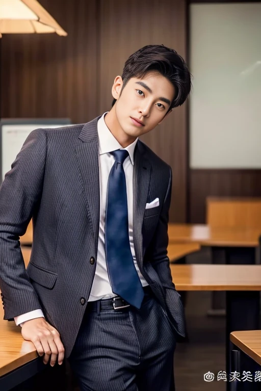 Fresh and handsome 30-year-old new employee、　（Super handsome guy in S-class suit）、　Japanese 30-year-old man、　merchant、　ultra luxury suit、　striped suit、　office、　Stand up in a suitＳYoung handsome man、　Full body image、　（CG Unity 8K high-detail photos）、　（Very detailedＳHandsome guy in class）、　（Photo real）、　　（（Top quality））、　Ultra Detailed、　（masterpiece）、　Ultra-high quality、　High、　Viewer、　gentleman、　very beautiful hair、　bright photos、　As handsome as a model、　As handsome as an idol、　luxury watch,