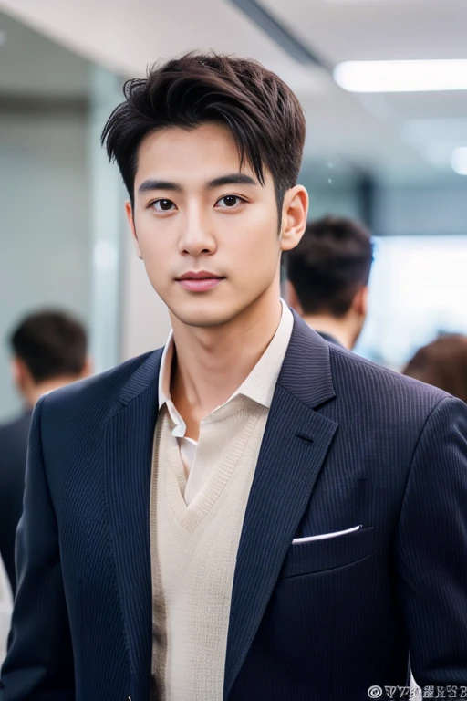 Fresh and handsome 30-year-old new employee、　（Super handsome guy in S-class suit）、　Japanese 30-year-old man、　merchant、　ultra luxury suit、　striped suit、　office、　Stand up in a suitＳYoung handsome man、　Full body image、　（CG Unity 8K high-detail photos）、　（Very detailedＳHandsome guy in class）、　（Photo real）、　　（（Top quality））、　Ultra Detailed、　（masterpiece）、　Ultra-high quality、　High、　Viewer、　gentleman、　very beautiful hair、　bright photos、　As handsome as a model、　As handsome as an idol、　luxury watch,