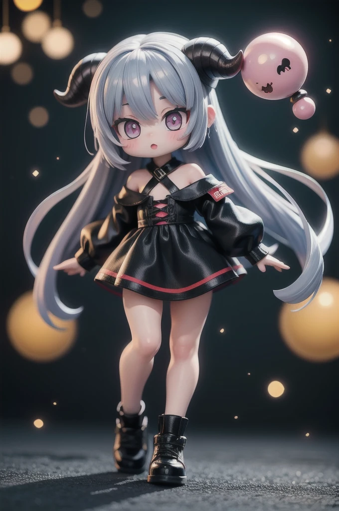 (masterpiece, best quality:1.2), 1girl,devil girl ((masterpiece, highest quality, Highest image quality, High resolution, photorealistic, Raw photo, 8K)),(nendoroid figure),devil's horns, miniatures,illustration,tight tube top,black hot pants,silver hair,(pale blue skin),very happy,whole body,undressingdynamic pose,three-dimensional,octane rendering,Perfect face,Collagen texture((flowing hair))