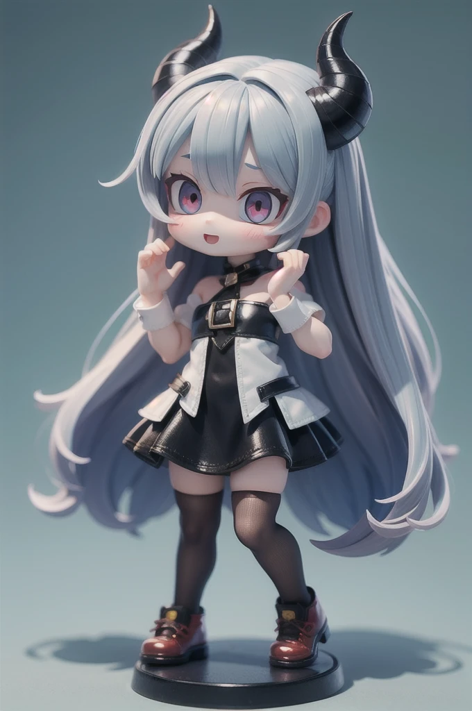 (masterpiece, best quality:1.2), 1girl,devil girl ((masterpiece, highest quality, Highest image quality, High resolution, photorealistic, Raw photo, 8K)),(nendoroid figure),devil's horns, miniatures,illustration,tight tube top,black hot pants,silver hair,(pale blue skin),very happy,whole body,undressingdynamic pose,three-dimensional,octane rendering,Perfect face,Collagen texture((flowing hair))