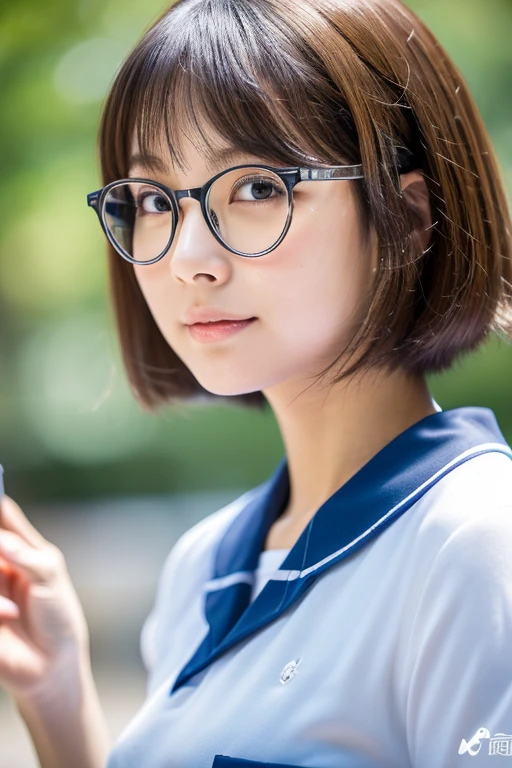 sexy、Conducting sales activities、Inconspicuous、Quiet、beautiful girl、Japanese idol、Short Bob、fairly round face、Thin, silver-rimmed round glasses、Ultra-realistic capture, Highly detailed, High resolution 16k close-up of human skin. Skin texture must be natural, With such detail that pores can be finely identified. Skin should look healthy, In a uniform tone. Use natural light and color,(RAW Photo, Best Quality), best Quality, Highly Detailed, Masterpiece, Ultra Detailed,