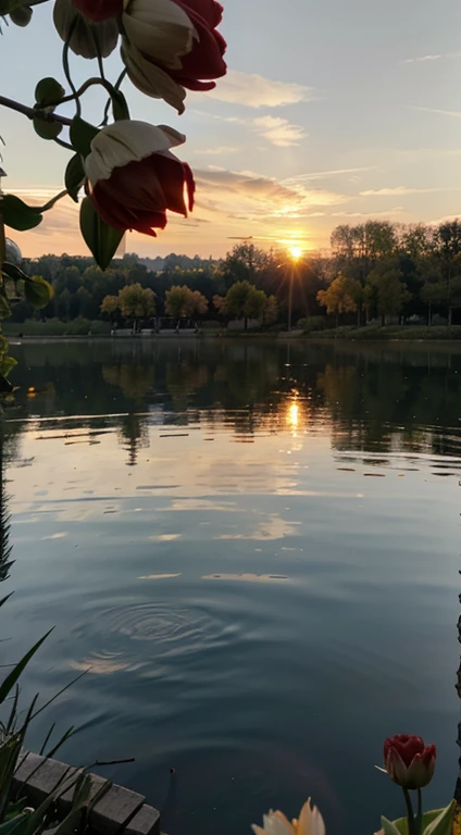 Serenities by the lake, voir le coucher de soleil, des tulipes et arbres