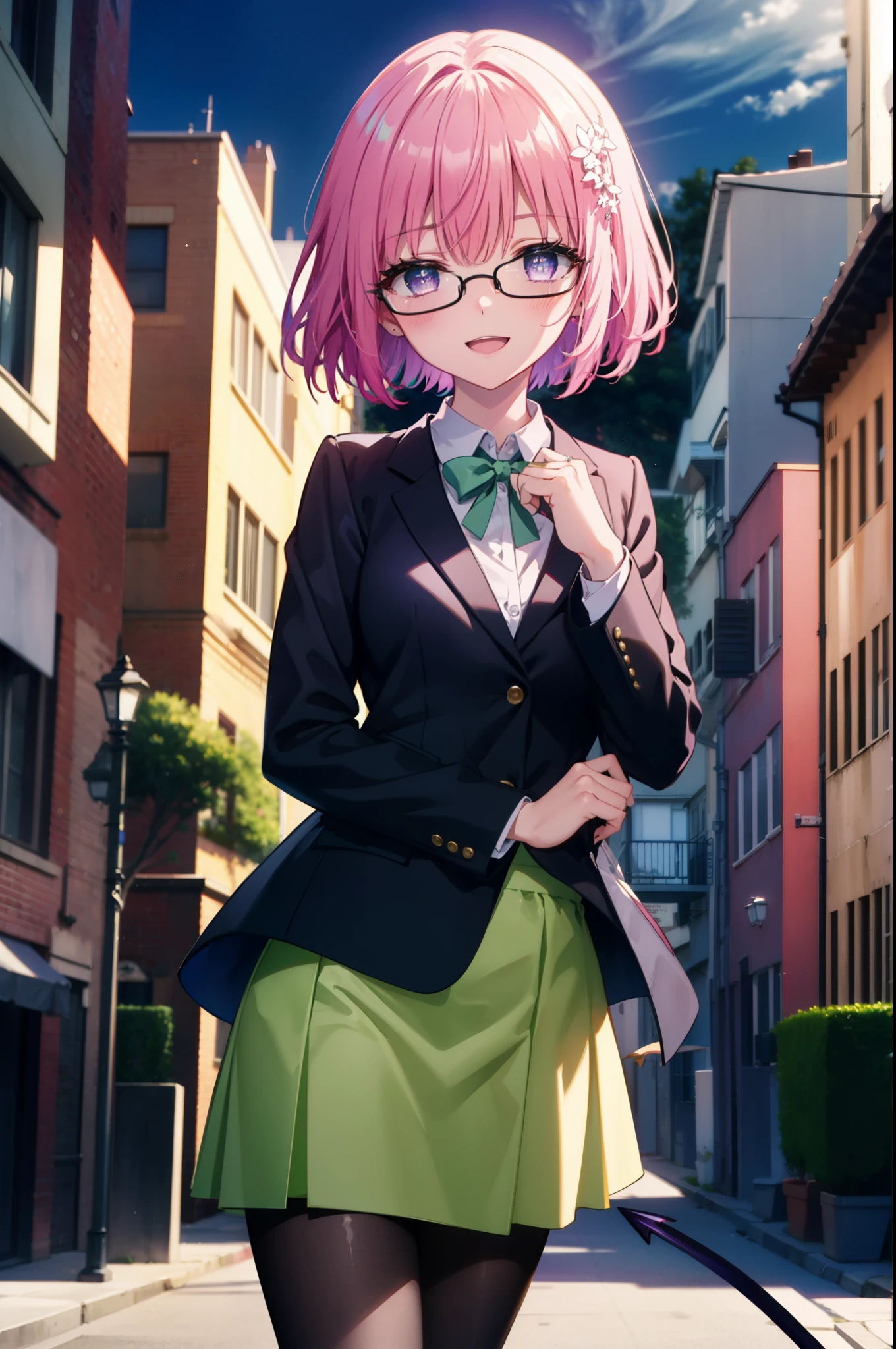 Momodeviluke, Deviluke type, demon tail, Hair Flowers, hair ornaments, (Purple eyes:1.1), Pink Hair, short hair, tail, happy smile, smile, Open your mouth,
break demon tail, Green Skirt, OL, Red glasses, end, black suit jacket, collared jacket, White dress shirt, Collared shirt, Neckline, button, strap, Black pencil skirt, Black pantyhose,Stiletto heels,morning,morning陽,The sun is rising,City Street,
break outdoors, In town,Building district,
break looking at viewer, (Cowboy Shot:1.5),
break (masterpiece:1.2), highest quality, High resolution, unity 8k wallpaper, (figure:0.8), (beautiful detailed eyes:1.6), extremely detailed face, Perfect lighting, extremely detailed CG, (Perfect hands, Perfect Anatomy),