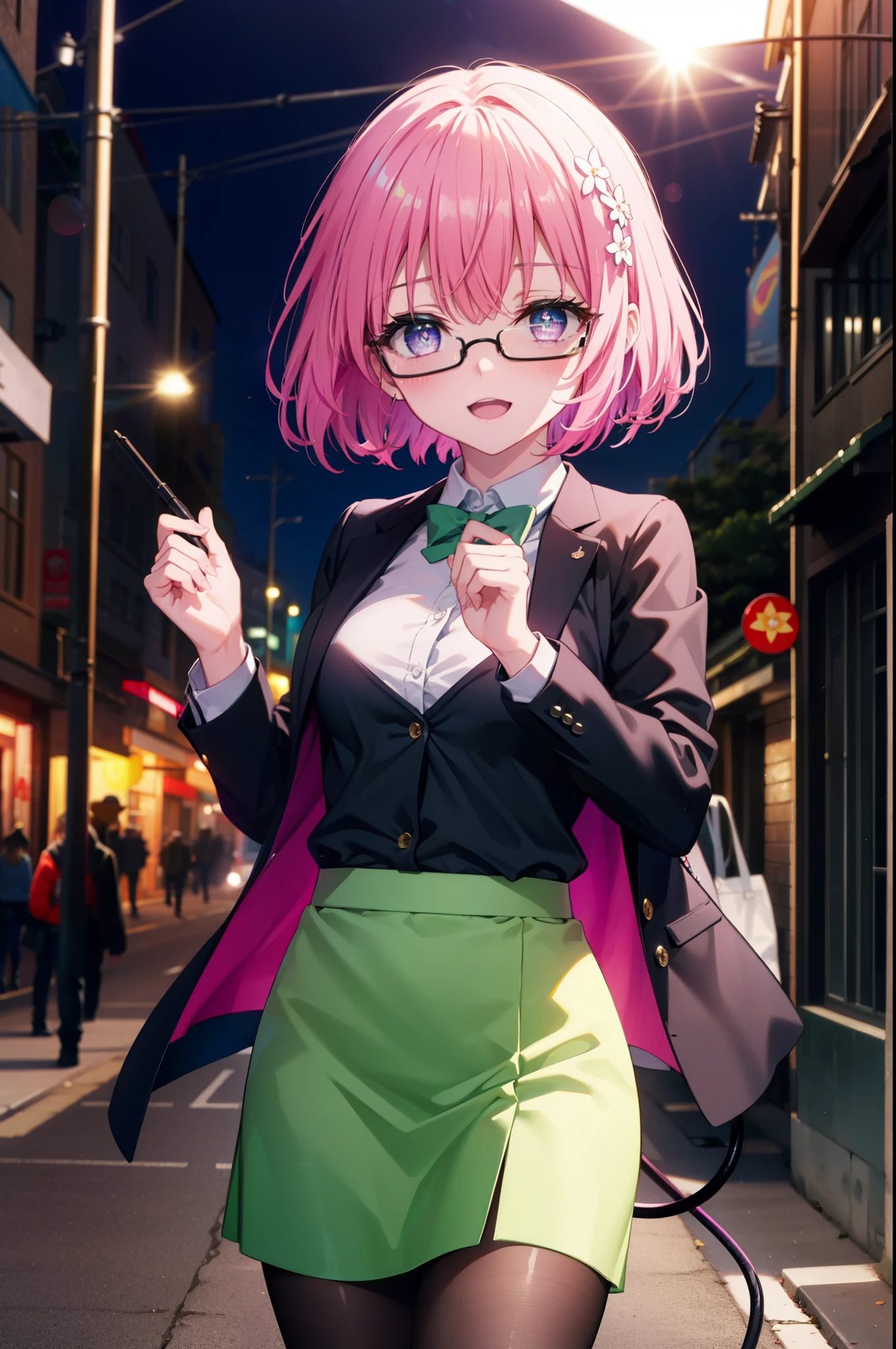Momodeviluke, Deviluke type, demon tail, Hair Flowers, hair ornaments, (Purple eyes:1.1), Pink Hair, short hair, tail, happy smile, smile, Open your mouth,
break demon tail, Green Skirt, OL, Red glasses, end, black suit jacket, collared jacket, White dress shirt, Collared shirt, Neckline, button, strap, Black pencil skirt, Black pantyhose,Stiletto heels,morning,morning陽,The sun is rising,City Street,
break outdoors, In town,Building district,
break looking at viewer, (Cowboy Shot:1.5),
break (masterpiece:1.2), highest quality, High resolution, unity 8k wallpaper, (figure:0.8), (beautiful detailed eyes:1.6), extremely detailed face, Perfect lighting, extremely detailed CG, (Perfect hands, Perfect Anatomy),