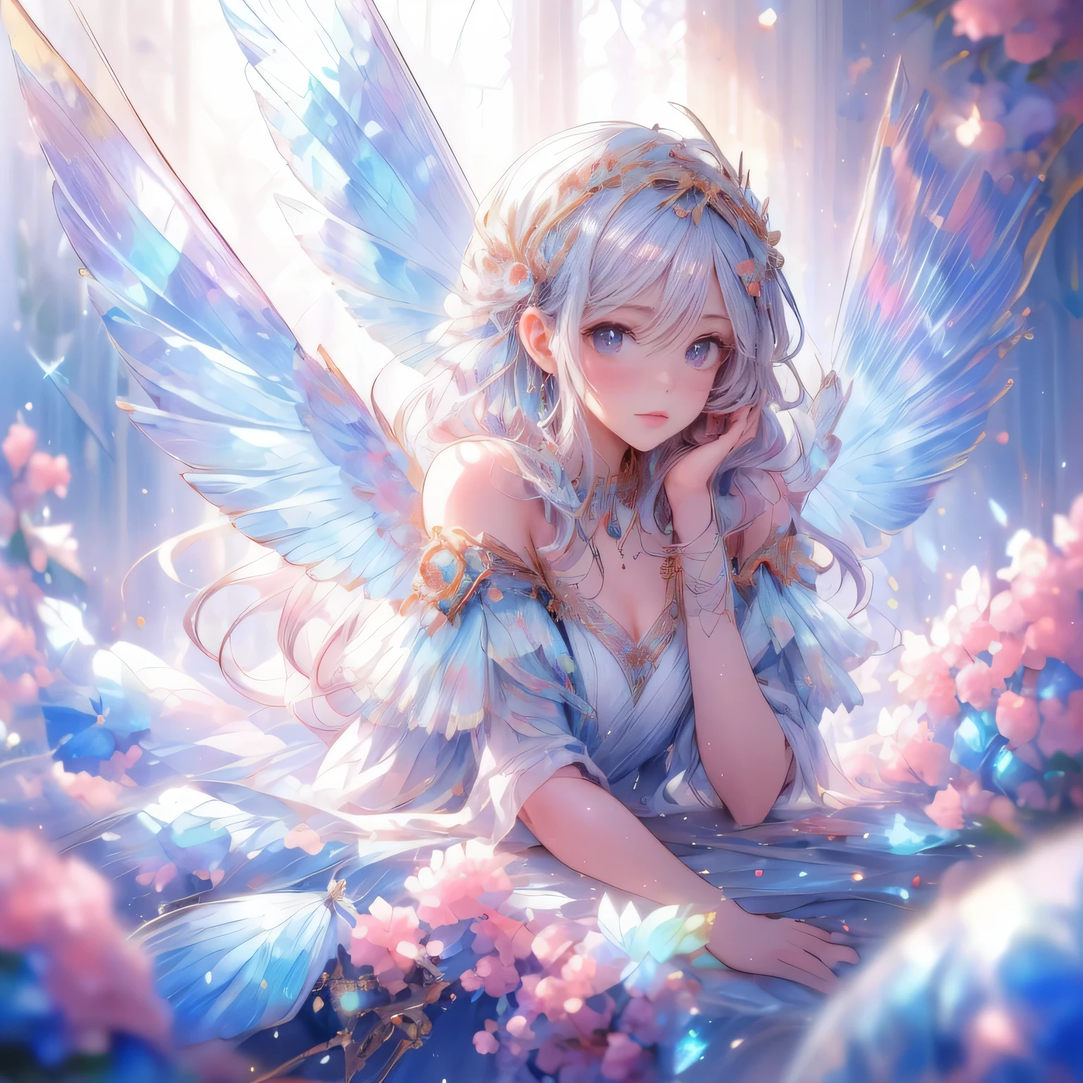 (flapping wings dancing pose), (masterpiece:1.2, 16k, best quality, vibrant colors:1.2, ultra-detaile:1.2, photorealistic:1.37),soft light, 1girl with beautiful delicate butterfly wings(big wings,sparkling rainbow wings),beautiful delicate (eyes, lips), detailed patterns,
iridescent,delicate,gorgeous,ethereal,fluttering feathers,dreamlike scene,airy atmosphere,artistic interpretation,soft and feathery texture,light and airy composition,mesmerizing beauty,smooth and flowing lines,whimsical and magical elements,gentle and graceful movement