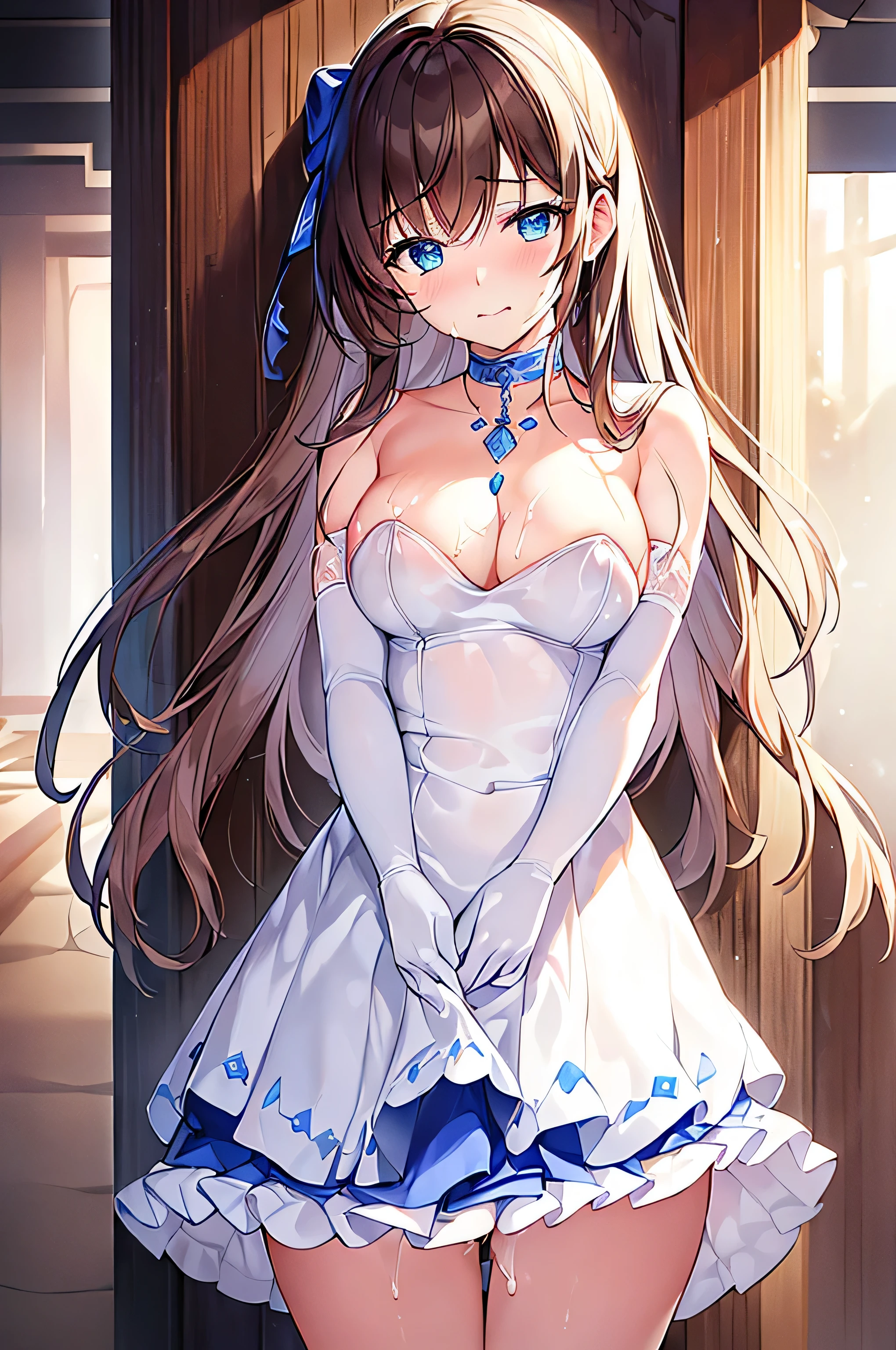 (8k, highest quality, masterpiece:1.2),((Browsing Caution, masterpiece, highest quality)), ((Ultra-high resolution)), (Photorealistic),(Blue colored eyes),((Garment Details)),High quality CG Unity 8k, concentrated, Realistic, Shadow, Soft lighting, Cowboy Shot, brown hair, Flutter Hair, nice, A gentle smile, Village Girl, High Waist Skirt, White Skirt, Long sleeve, ribbon, White Dress, gloves, Choker Noble Necklace,The skirt is rolled up,Embarrassed look、The expression of someone who is holding back from going to the toilet, ( pleasure expression:1.4), (semen low:1.5),whole body