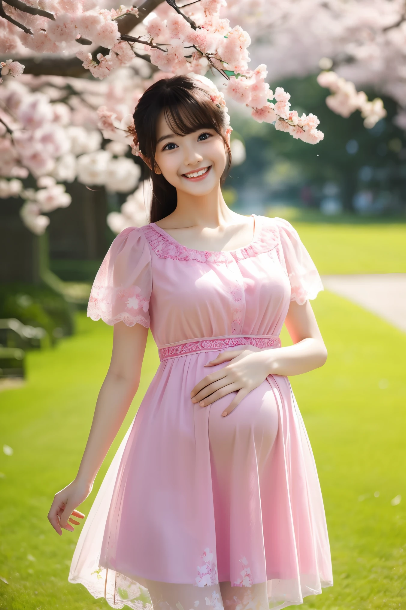 (highest quality、masterpiece、8k、Best image quality、Award-winning works)、1 female、walk in the park、(pregnancy:1.1)、(alone:1.1)、(1 photo:1.1)、Elegant maternity wear、See-through maternity wear、Lace ornament、Perfect Makeup、thin、The biggest smile is looking at me、(height: 140cm:1.5)、(Very short:1.5)、standing full body photo、Perfect Anatomy、Blurred cherry blossoms in full bloom、big grass park、Refreshing atmosphere、very bright and vivid、Beautiful eyes in ultra-high resolution、Ultra high resolution perfect beautiful teeth、Ultra-high definition beauty face、Ultra HD beautiful hair、Perfect teeth alignment