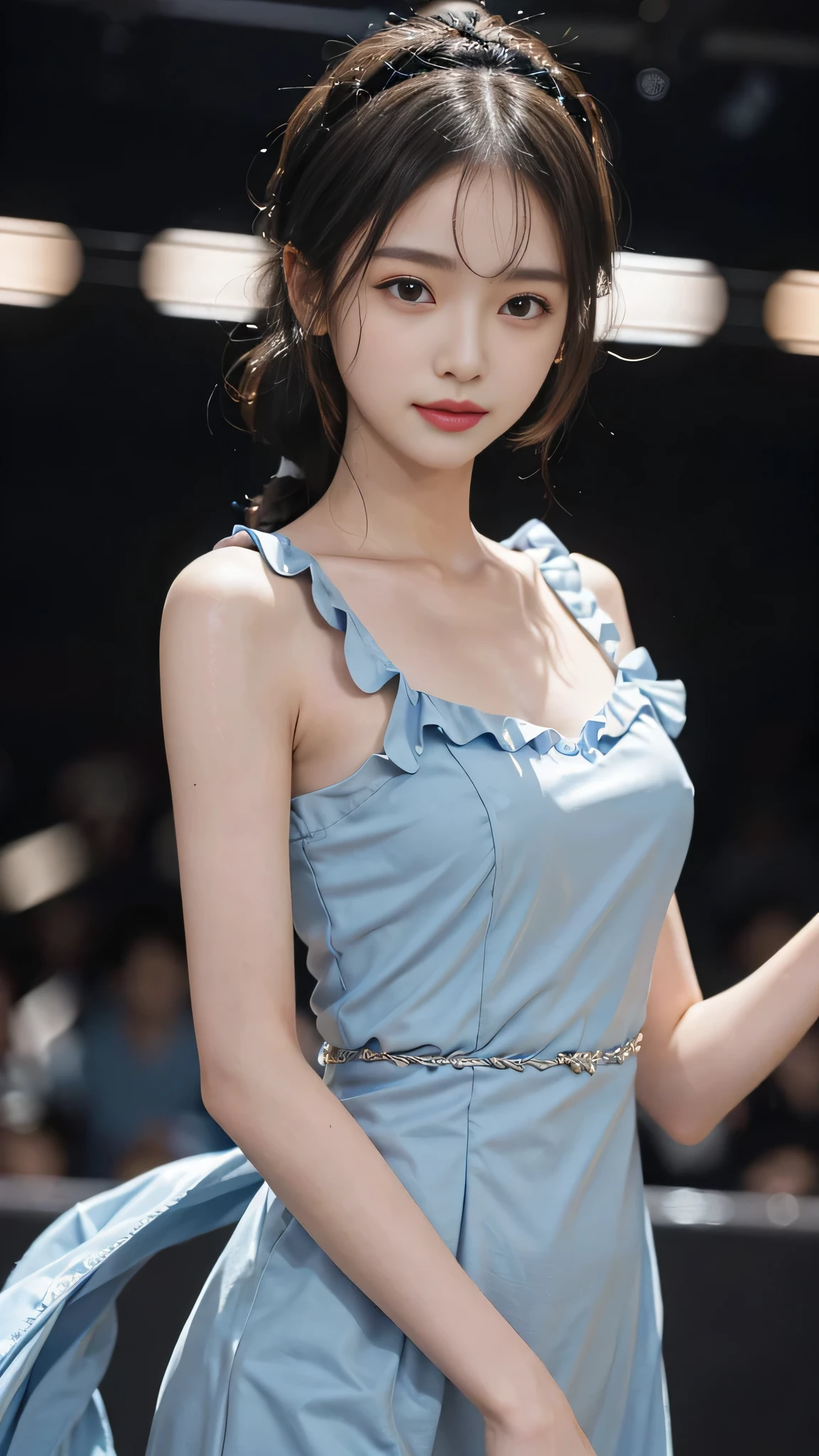 Close up face,standing on stage,Blue colored long dress with lots of ruffles,One woman,masutepiece, The highest image quality, High quality, the background is clear,Beautiful woman, Japanese, Detailed, Detailed eyes, Detailed skin, Beautiful skin, 超hight resolution, (reality: 1.4),Very beautiful woman, Slightly younger face, Beautiful skin, slender, (Ultra photo realsisim), (hight resolution), (8K), (Very detailed) (beautifully detailed eyes), (super detailed), (Detailed face), view the viewer, Fine details, Detailed face, Staring straight ahead, Staring straight ahead, photos realistic, Bright lighting, Professional Lighting, Black hair,poneyTail,a ,fifteen ye is ponytail,long ponytail hairstyle,slight smile,neat and tidy clothing,Beautiful Japanese KPOP idol photo, hair style is ponytail, my eyes are double and wide, baby face, smile and look ahead, slender, small breasts,Blue ribbon on head,Close up face,
