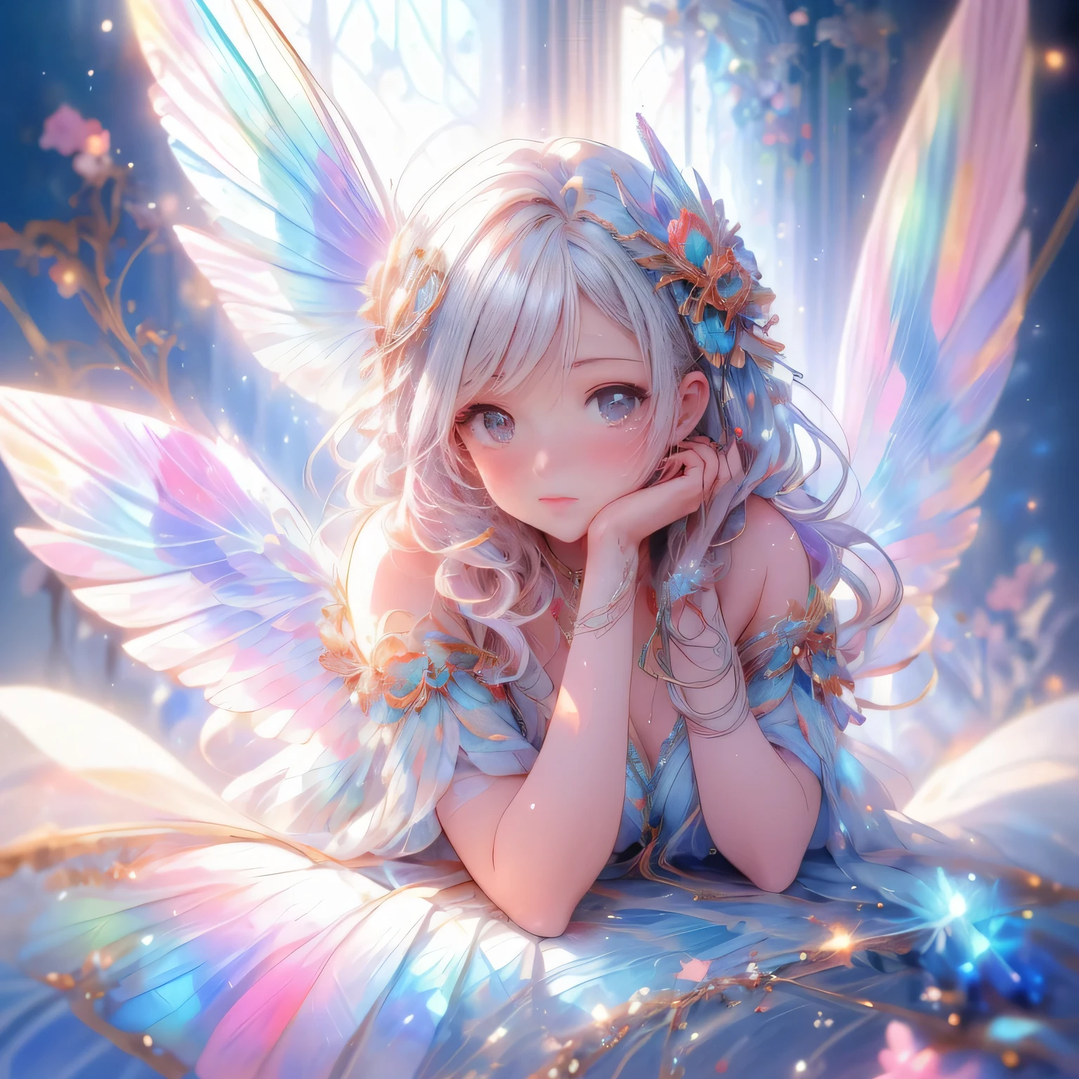 (flapping wings dancing pose), (masterpiece:1.2, 16k, best quality, vibrant colors:1.2, ultra-detaile:1.2, photorealistic:1.37),soft light, 1girl with beautiful delicate butterfly wings(big wings,sparkling rainbow wings),beautiful delicate (eyes, lips), detailed patterns,
iridescent,delicate,gorgeous,ethereal,fluttering feathers,dreamlike scene,airy atmosphere,artistic interpretation,soft and feathery texture,light and airy composition,mesmerizing beauty,smooth and flowing lines,whimsical and magical elements,gentle and graceful movement