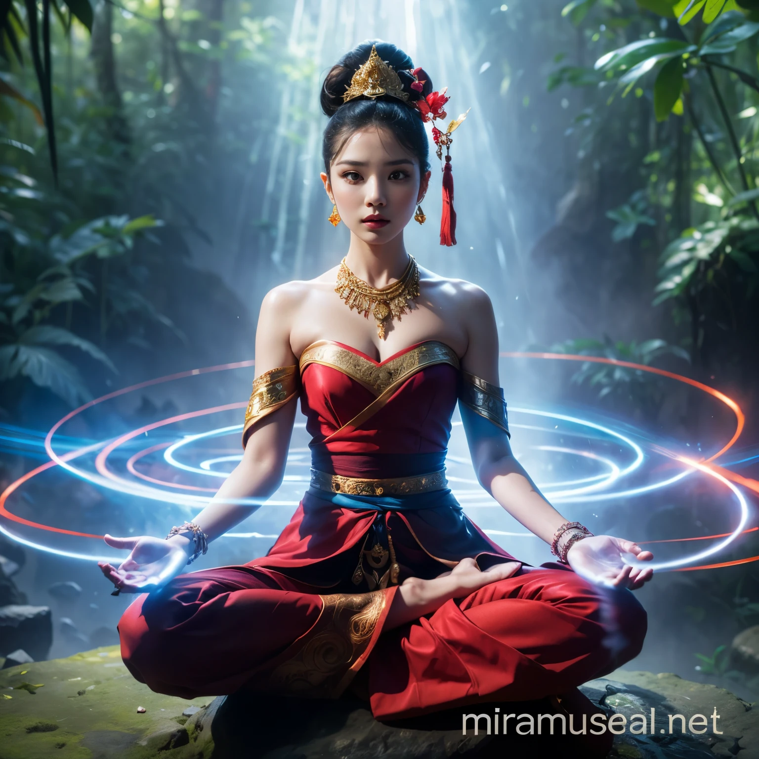 create a realistic picture. beautiful Indonesian woman as a hero in the Majapahit royal dynasty, wearing a small gold necklace like a queen, wearing a red kemben, long black hair tied in a bun, doing floating meditation, bursts of energy from all over her body, unreal machine 5, absurdres, volumetric color lines mix of blue red white lighting around his body, eyes to the camera, rainforest background