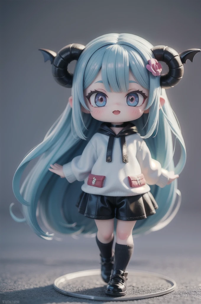 (masterpiece, best quality:1.2), 1girl,devil girl ((masterpiece, highest quality, Highest image quality, High resolution, photorealistic, Raw photo, 8K)),(nendoroid figure),devil's horns, miniatures,illustration,tight tube top,black hot pants,silver hair,(pale blue skin),very happy,whole body,undressing,dynamic pose,three-dimensional,octane rendering,Perfect face,Collagen texture((flowing hair))