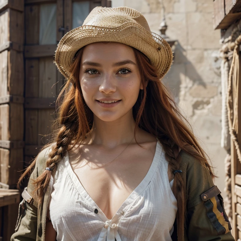 Aloy personnage amblématique de horizon Zero Dawn, fille, improve, (rougir:1.3, rougir stickers), esquisser, timide, illustration, beau, les yeux rouges, messy redhead hair, oda eiichirou,1femme,belle fille,mer, navire pirate, soleil,sourire plein de dents, drapeau pirate, mouette, Aloy's characteristic smile , hands on chapeau de paille,manteau rouge, chapeau de paille with red ribbon, chapeau de paille, regarder le spectateur, Seulement, haut du corps,(extremely detailed),(extremely detailed face),(extremely detailed eyes), aquarelle, illustration, profondeur de champ, esquisser, sharpness, Soft lighting, HDR, colored, bonne compo, le feu tout autour, spectaculaire, closed shirt