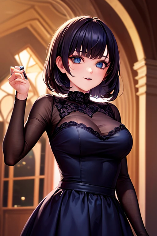Defined face blue eyes gothic makeup eyeliner and eye shadows, cabello negro corto con flequillo estilo bob labios rojos voluminosos, primer plano en HD, Intricate medieval architectural details and fantastic landscapes in 12k high resolution