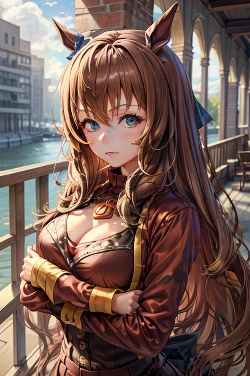 sksbrooke person, sksbrooke, (masterpiece:1.2), (best quality:1.2), maruzensky \(umamusume\), perfect eyes, perfect face, 1girl, solo, brown eyes, (medium breasts), perky breasts, seductive look, red sexy virgin killer sweater dress, porch, arms crossed