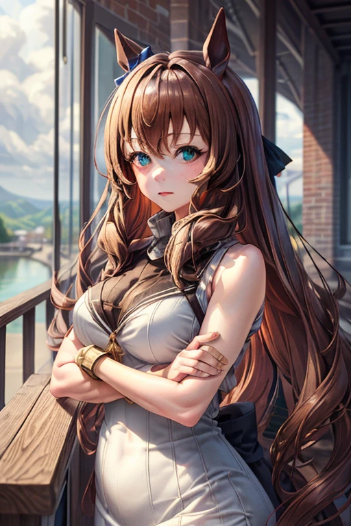 sksbrooke person, sksbrooke, (masterpiece:1.2), (best quality:1.2), maruzensky \(umamusume\), perfect eyes, perfect face, 1girl, solo, brown eyes, (medium breasts), perky breasts, seductive look, red sexy virgin killer sweater dress, porch, arms crossed