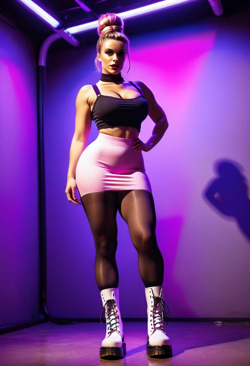 (full body photo:1.3), solo, (from below)1.2, (stylish bun haircut) (huge natural breasts)1.3, (futuristic, nightclub, neon light), (standing pose), (black tights and white wool socks)1.3, (pink tube-top) (purple tight mini skirt)1.2, (black tights and white wool socks)1.3 (Platform Dr Martens boots)1.2, (wide hips, curvy, thick thighs muscular legs)1.2, intricate detail, ((random ethnicity from Europe and America) mature female)1.2 posh, (environmental portrait), perfect eyes, looking at viewer, showing ass