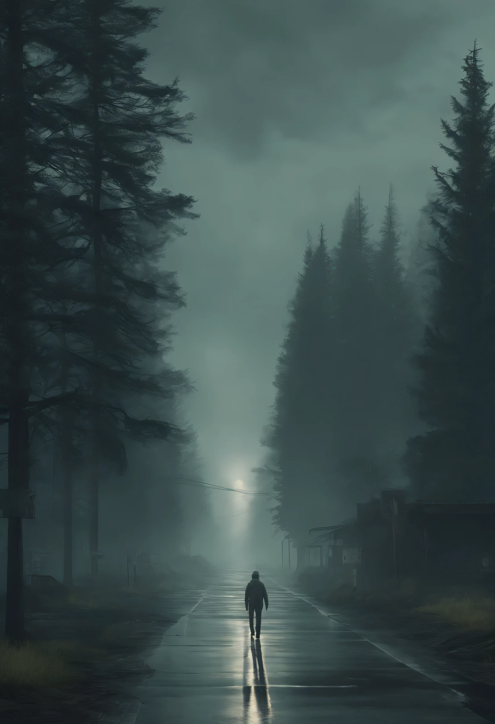 Gloomy night, natural fog, the protagonist walks towards the gas station, dark green trees, the pacific northwest, Blurred vision, Completely realistic, Full high resolution, Well made, detail-rich