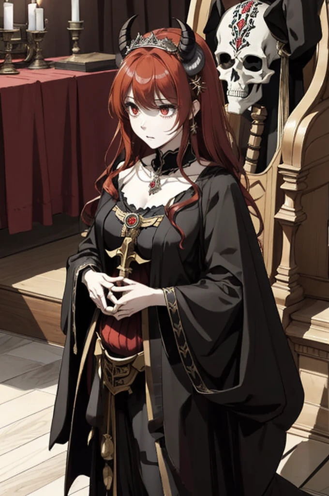 ((highest quality)), ((masterpiece)), (be familiar with), Perfect Face、The Enchanting Body of Celica（FE）、Red hair、The perfect proportions、semi-long、necklace、Bangles、Caster wheel、Circlet、Luxury Accessories、first round、Fallen into evil、、Blank look、Engagement Rings、Hollow Eyes、Ritual of Summoning Demons、Dark Room、Red magic circle on the floor、Mass skeletonsの燭台と蝋燭、darkness、Black sheets、Devil's Altar、Suspicious rituals、A large number of skull objects、Big magic circle on the floor、Skeleton Candelabra、Luxury Jewelry、Be baptized by the devil、Skeleton Crown、black large gemstone pendant、empty eyes、Apathy、Expressionless、Black priestly uniform、devil&#39;s priest、believer in demons、dark priest、Black religious clothing、Richly decorated priestly vestments、Black clothes、Black Veil、Devil's Ornaments、Devil&#39;s Accessories、Temple of the Devil、Baphomet&#39;s Servant、Standing in front of the altar、Big devil statue、Black interior、Big devil statueに祈りを捧げる、Large goat-headed devil statue、Big Baphomet statue、Skeleton Crown、Body and soul become demons、Skeleton Demon、Skeleton Demon Priest Celica、Mass skeletons、Wearing a skeleton、pregnancy、Last month of pregnancy