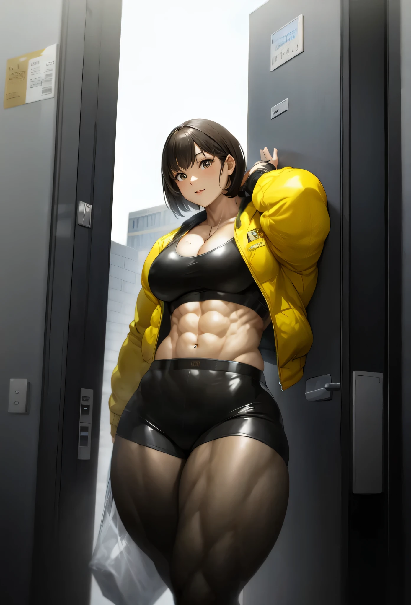 ,tall girl,solo, muscular female, alternate muscle size,,muscular ,biceps,,yellow jacket,black pantyhose,muscular thighs,carrying bags,open door